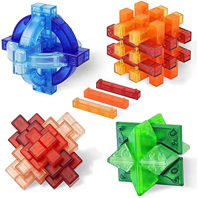 BRAIN TEASER PUZZLES FOR KIDS AND ADULTS, EDUCATIONAL TOYS, 4PCS 3D PUZZLE SET UNLOCK INTERLOCK IQ MIND TEST, THINKING, PATIENCE GAMES - Image 1